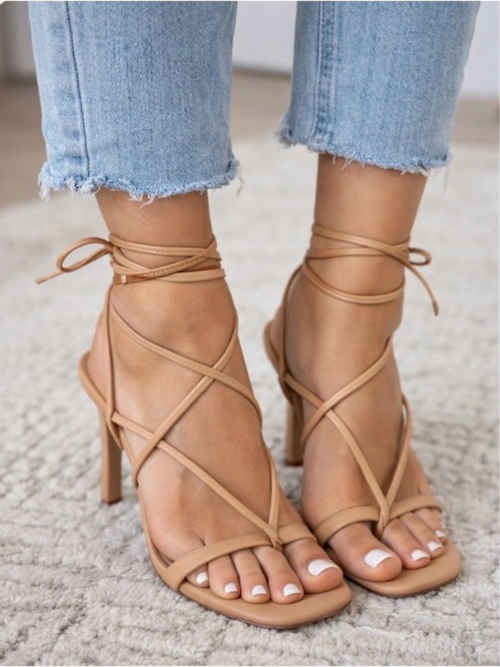 Strappy Lace-Up Stiletto Sandals - Tan